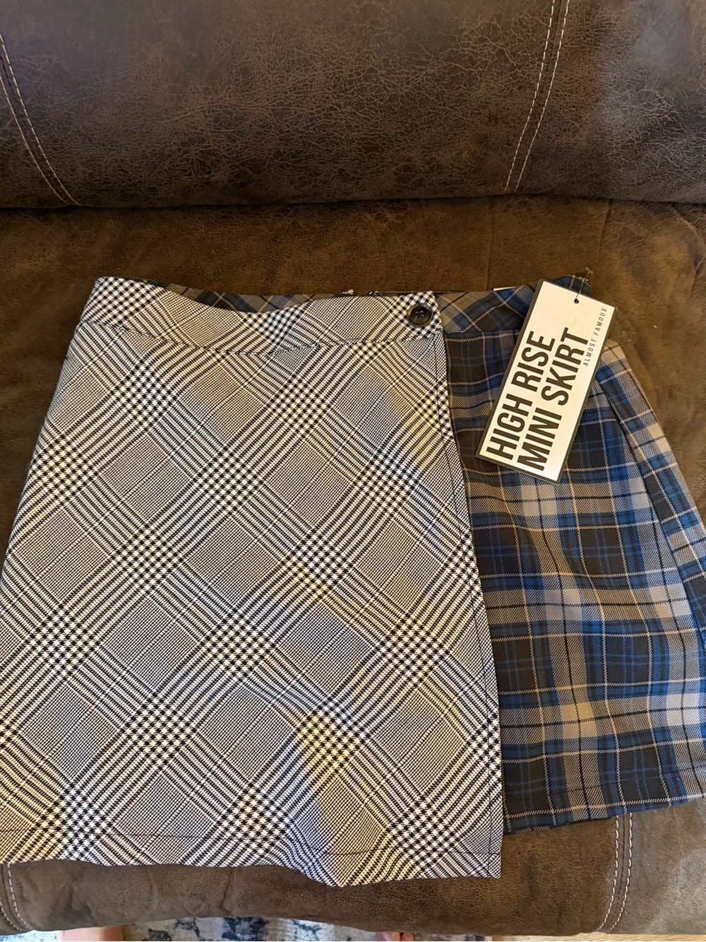 Almost Famous Mixed Plaid High-Rise Mini Skirt - Black & Blue